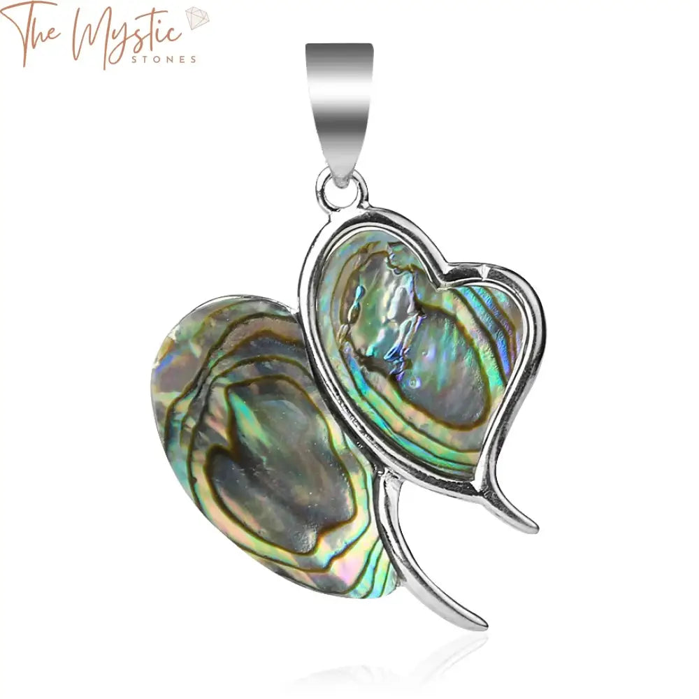 A collection of double heart pendants featuring vibrant, multi-colored abalone shell inlays.