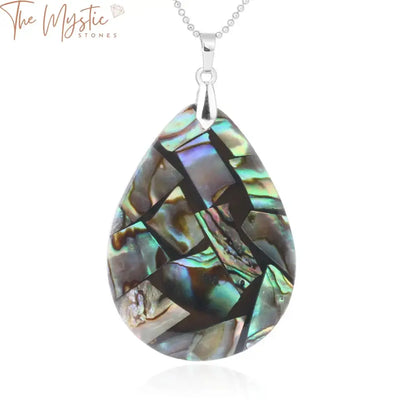 A teardrop-shaped pendant made from a natural abalone shell, displaying iridescent hues of blue, green, and purple.