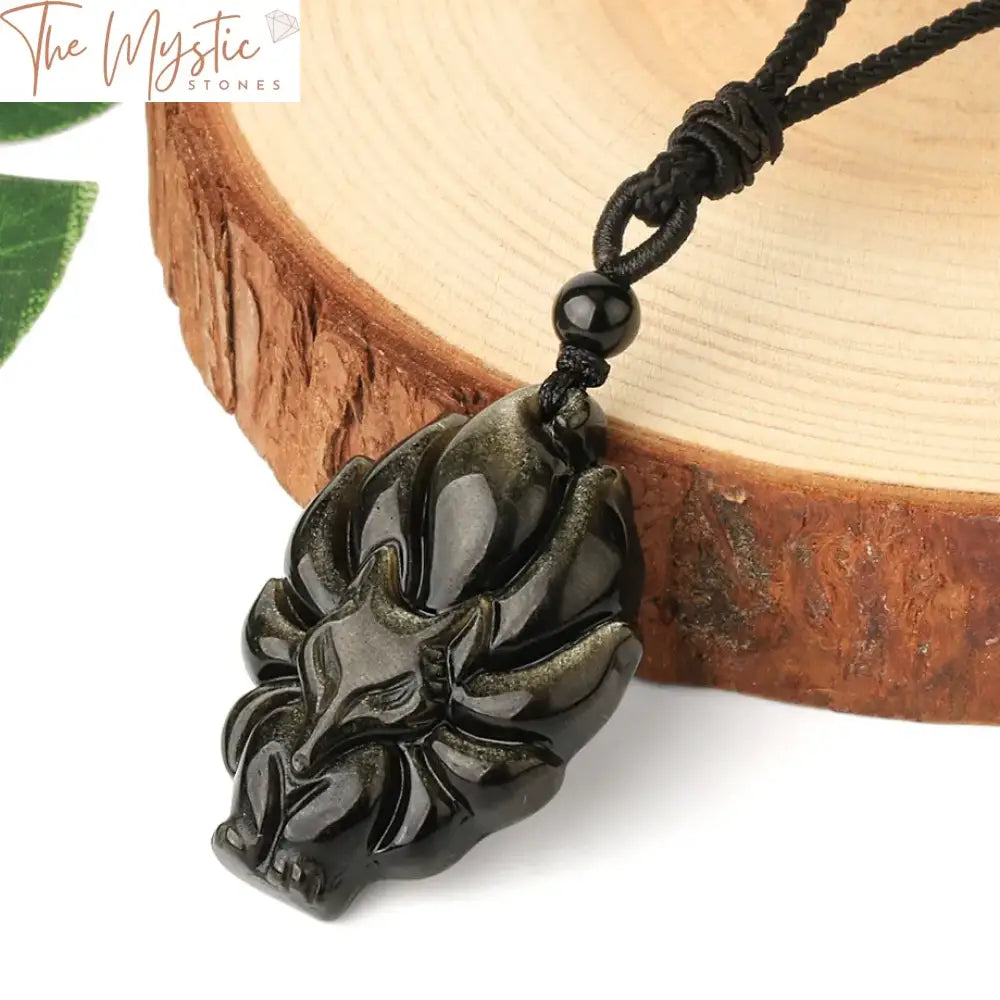 Obsidian Nine-Tailed Fox Amulet Necklace