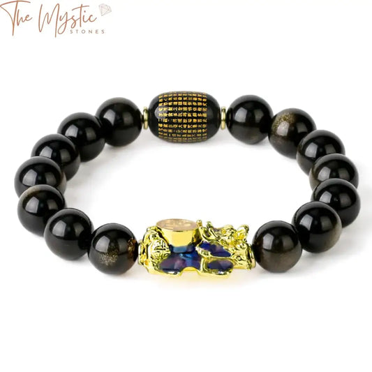 A Feng Shui bracelet featuring 12mm polished obsidian stone beads strung together.