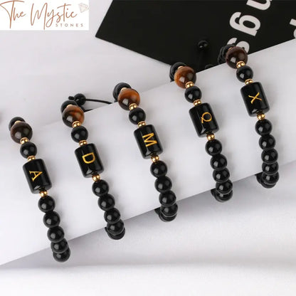 Obsidian & Tiger Eye Initial Bracelet