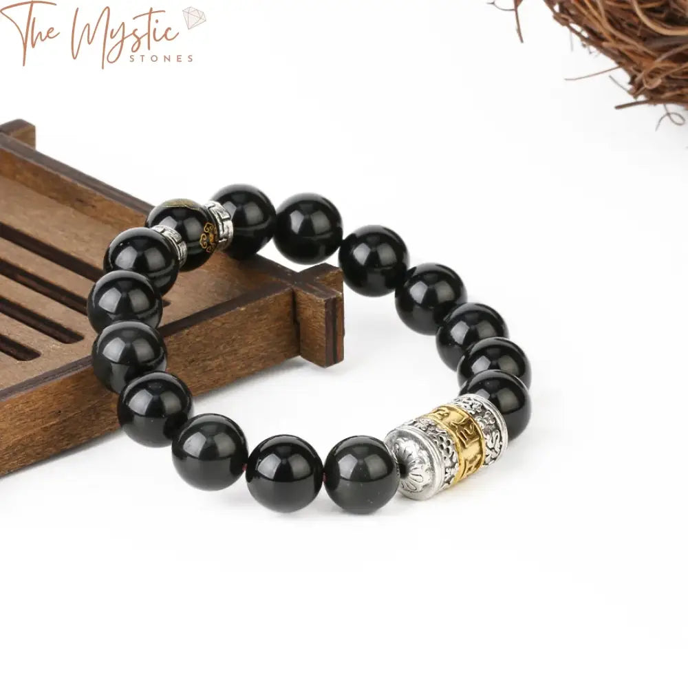 Obsidian Wealth Mantra Bracelet - 12Mm Beads