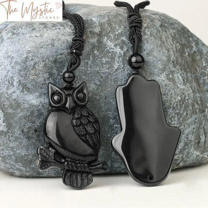 Obsidian Wolf & Owl Pendant Necklace