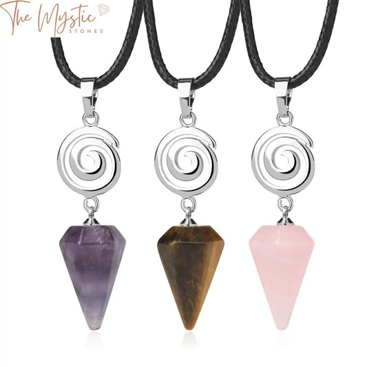 A natural stone pendant necklace featuring a cone-shaped spiral design.