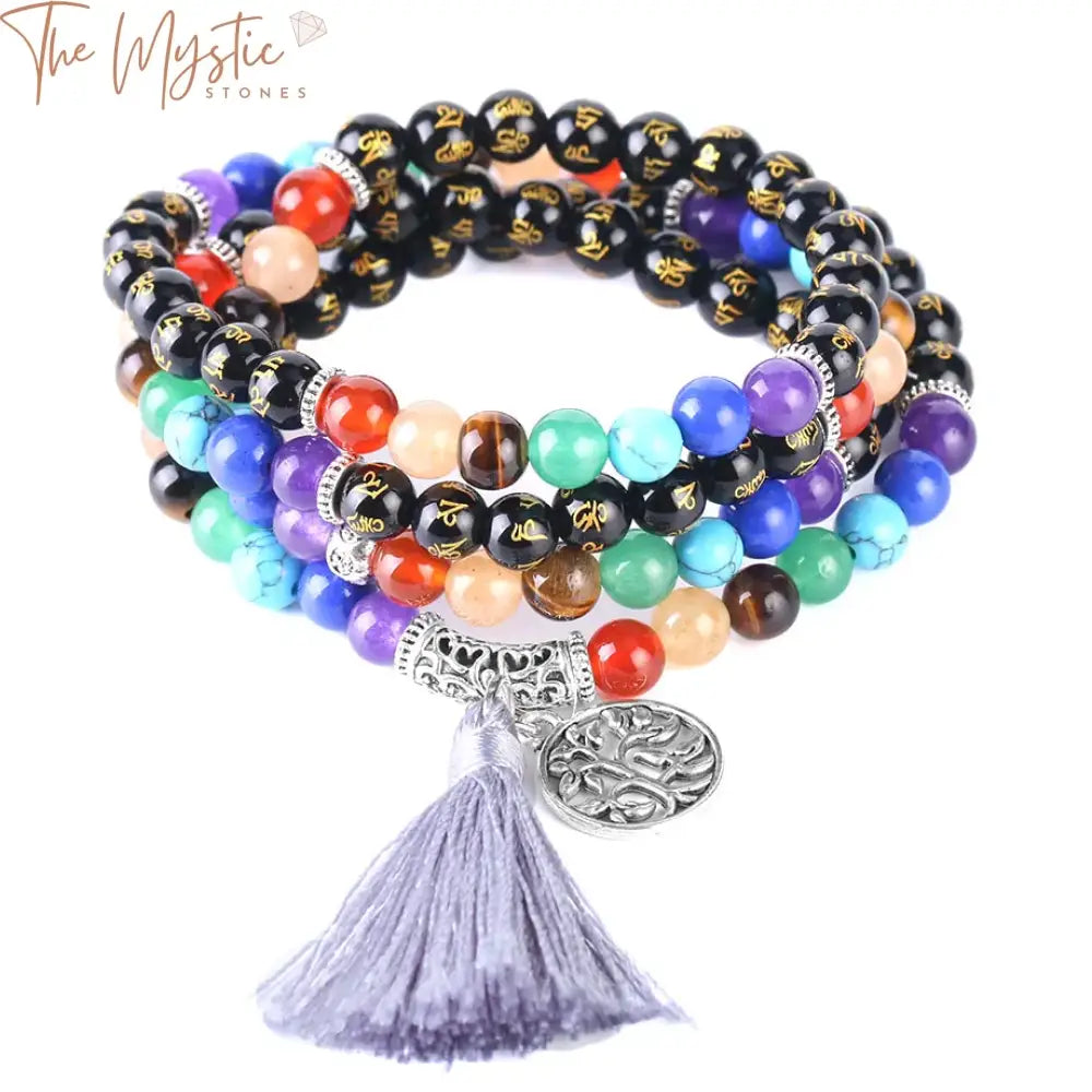 Onyx Chakra Mala Bracelet With Om Tassel - 6Mm