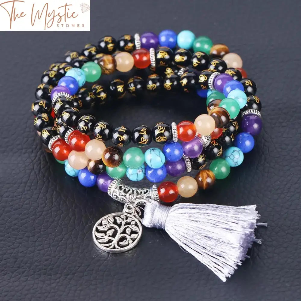 Onyx Chakra Mala Bracelet With Om Tassel - 6Mm