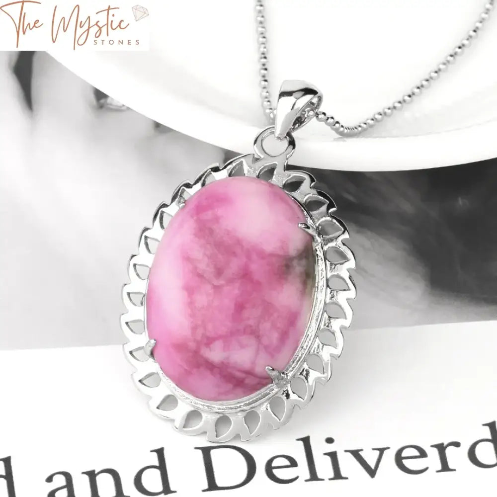 Oval Pink Cabochon & Zircon Pendant Necklace