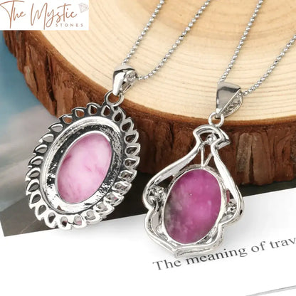 Oval Pink Cabochon & Zircon Pendant Necklace