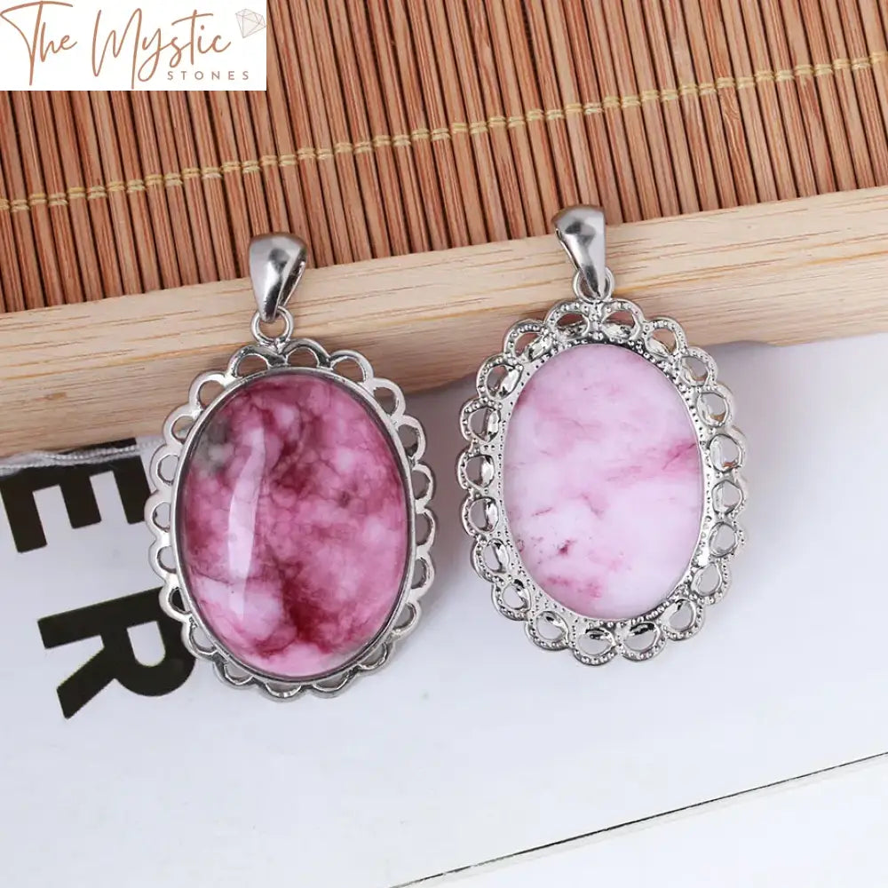 Oval Pink Crystal Natural Stone Pendant Necklace