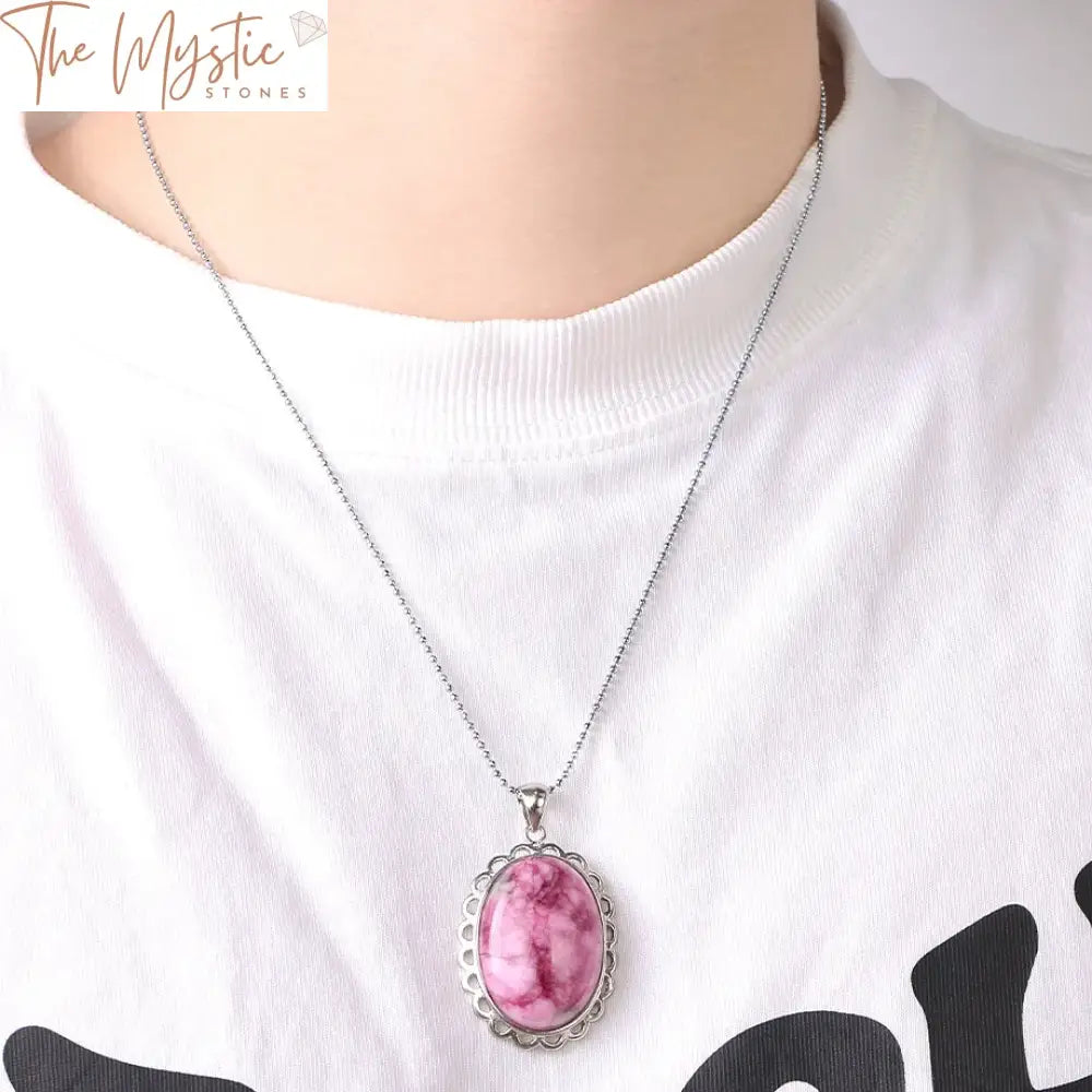 Oval Pink Crystal Natural Stone Pendant Necklace