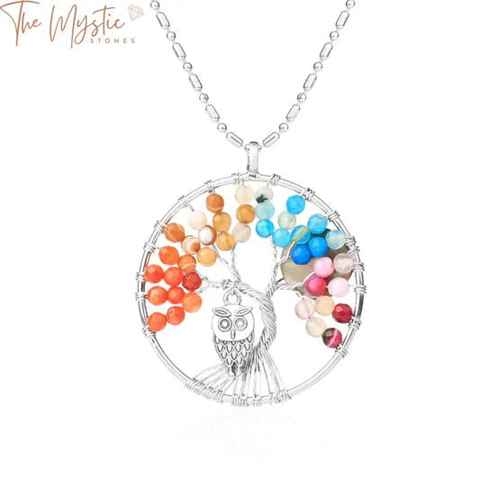 A 7 Chakra Tree of Life pendant necklace featuring vibrant, faceted natural agate beads in various colors.