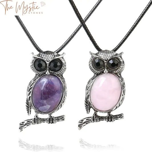 A close-up image of a cabochon natural stone necklace featuring a crystal pendant in the shape of an owl.