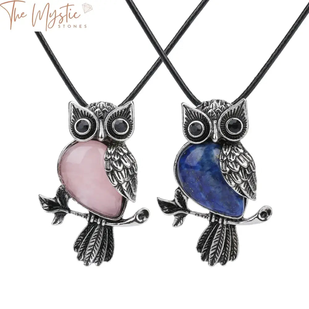 A Natural Stone Water Pendant Necklace featuring an owl-shaped design crafted from pink crystal beads.