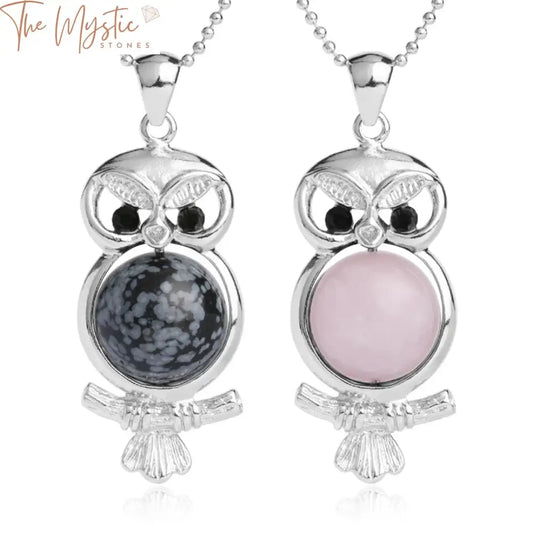 A delicate pendant necklace featuring a cute owl design, made with round natural stone beads.