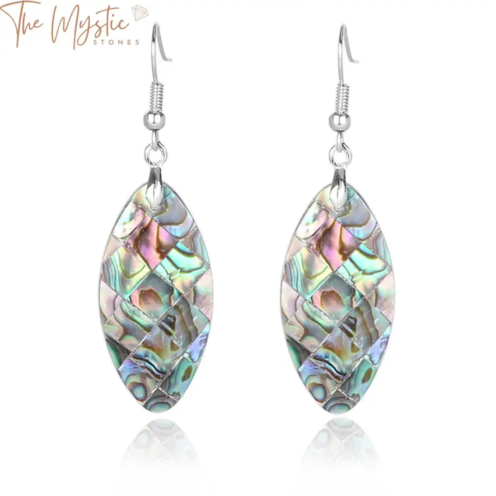 A pair of elegant dangle hook earrings made with shiny paua abalone shell beads.