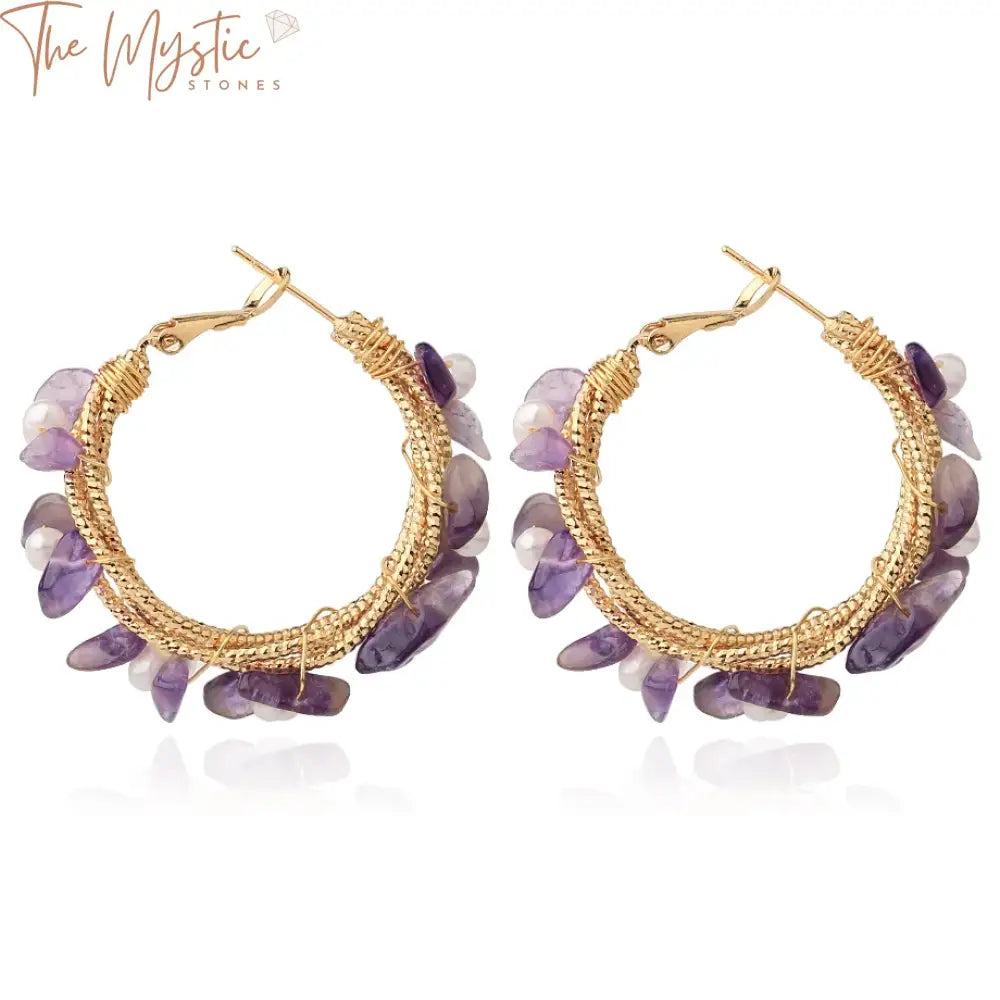 Gold wire hoop earrings featuring an array of natural stone pearl beads interspersed with colorful crystal chip beads.