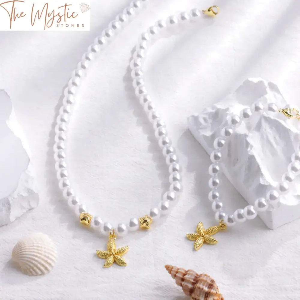 Pearl Starfish Necklace And Bracelet Set