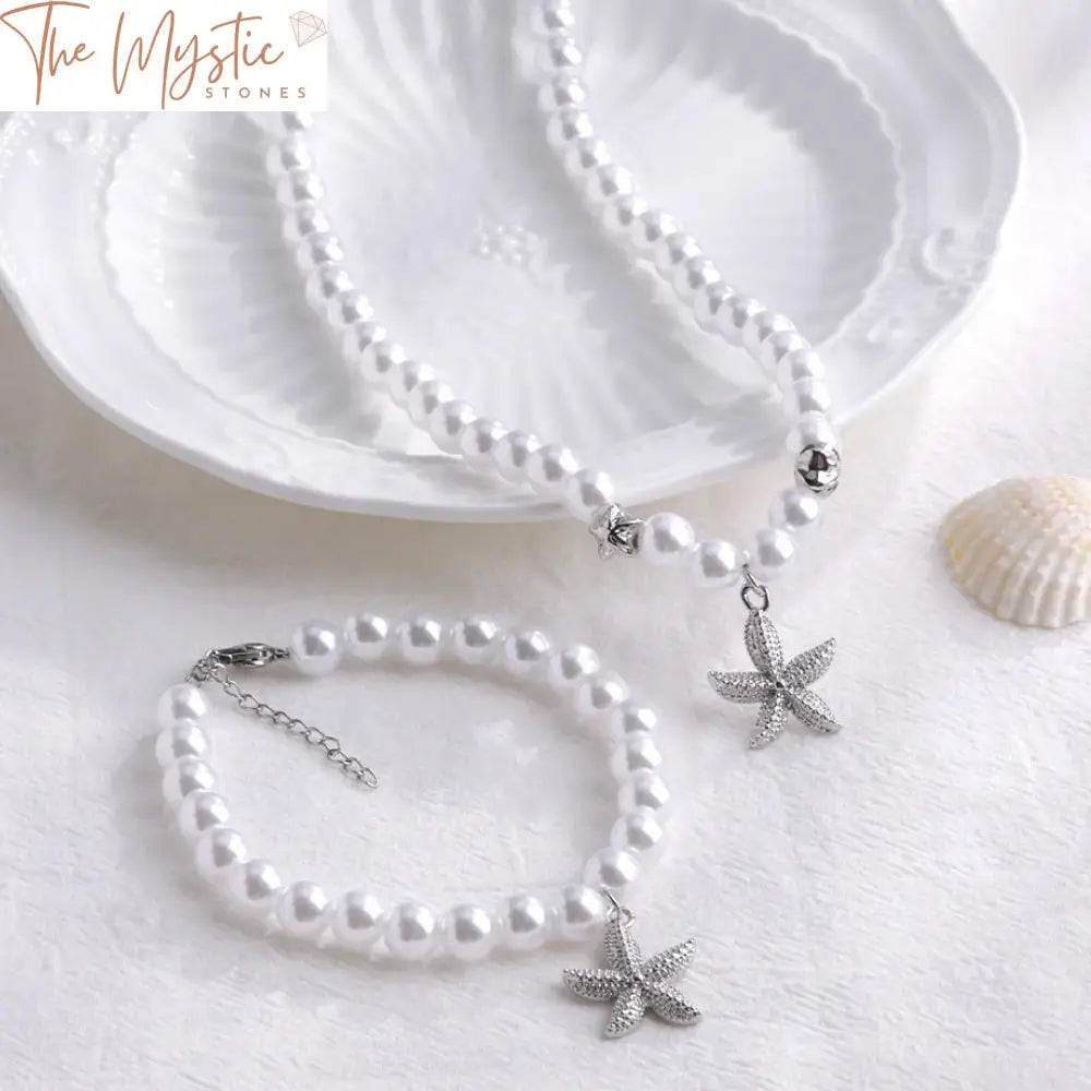 Pearl Starfish Necklace And Bracelet Set