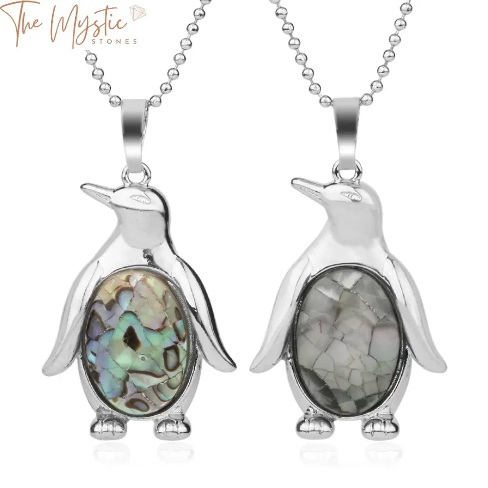 A collection of cute penguin pendants featuring egg-shaped, natural shell designs.