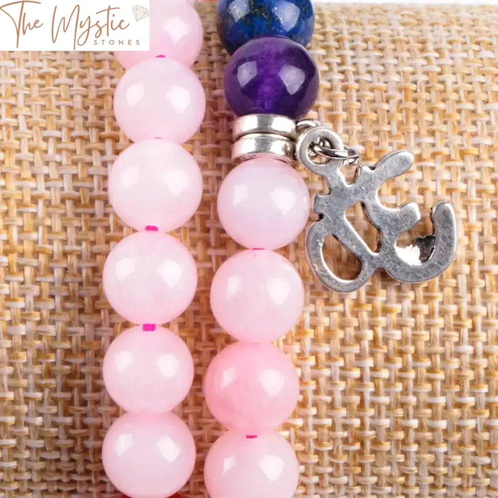 Pink Crystal Quartz 7 Chakra Bracelet With Om Charm