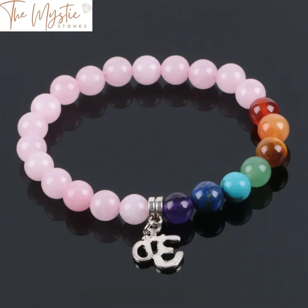 Pink Crystal Quartz 7 Chakra Bracelet With Om Charm