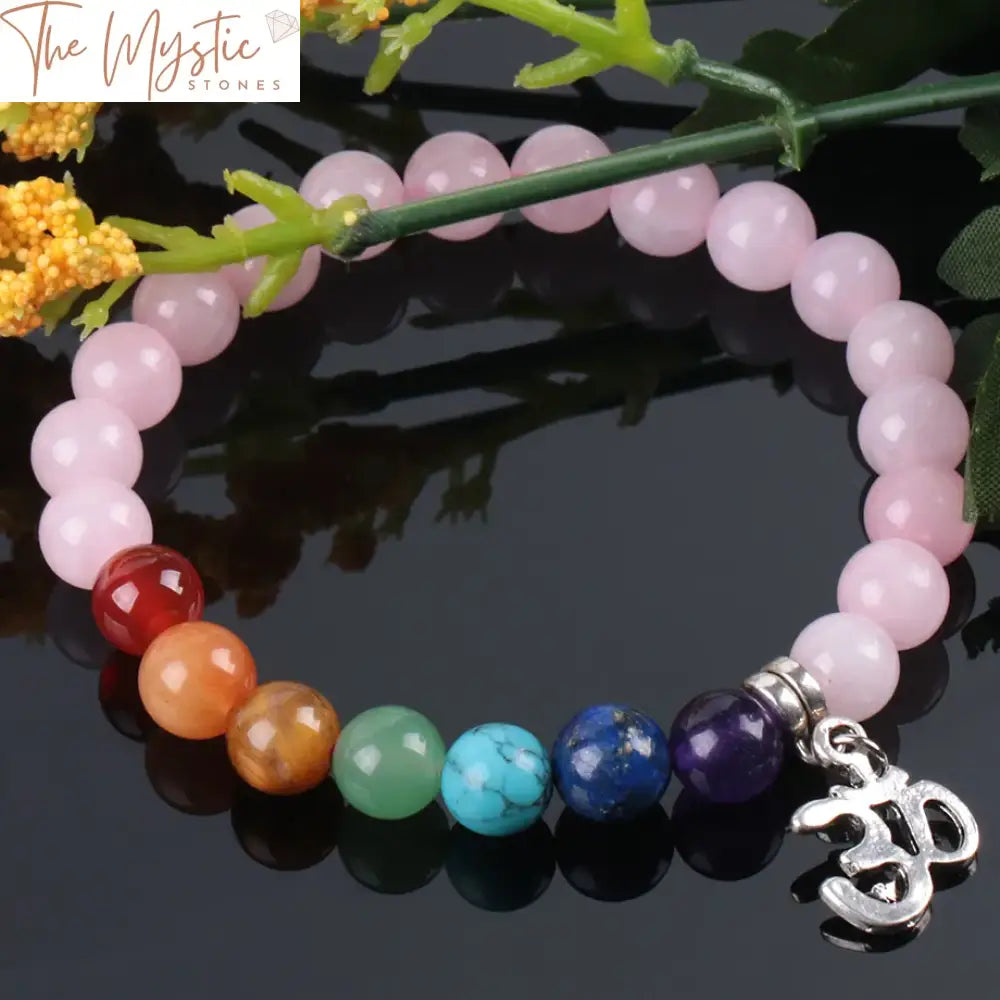 Pink Crystal Quartz 7 Chakra Bracelet With Om Charm