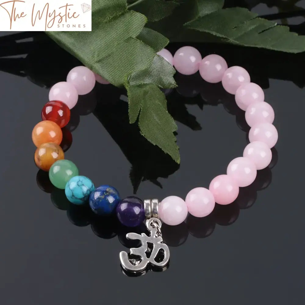 Pink Crystal Quartz 7 Chakra Bracelet With Om Charm