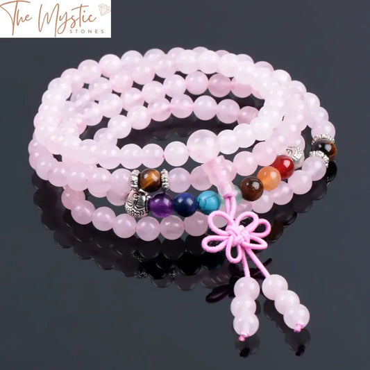 A multi-layer bracelet and necklace set featuring natural pink quartz beads, each measuring 6mm.