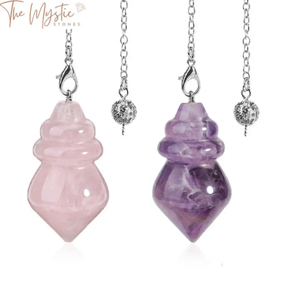 A pink quartz crystal cone pendulum, showcasing a smooth and polished surface.