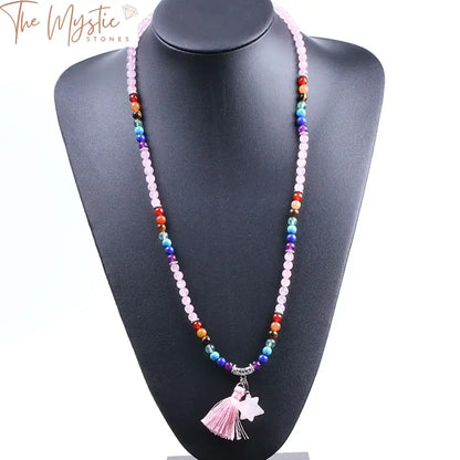 Pink Quartz Crystal 108-Bead Mala With Tassel