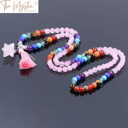 Pink Quartz Crystal 108-Bead Mala With Tassel