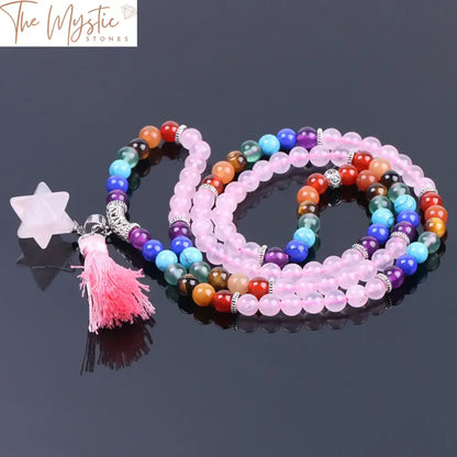 Pink Quartz Crystal 108-Bead Mala With Tassel