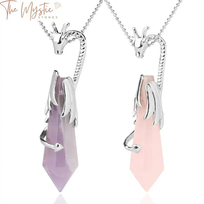 A collection of natural crystal pillar pendant necklaces featuring 12 faceted point pink quartz dragon designs.