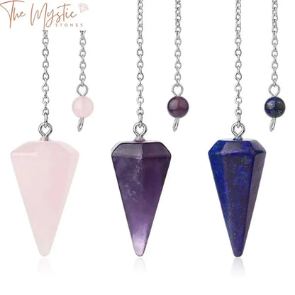 A beautifully crafted pink quartz pendulum with a smooth, polished finish, suspended on a delicate silver chain.