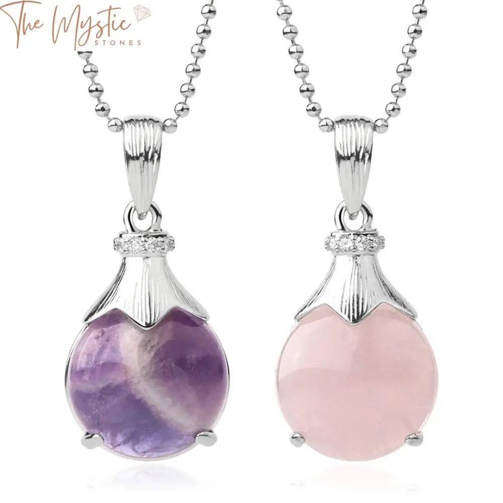 A collection of natural crystal stone pendant necklaces featuring pink quartz stones set in a flatback hollow design.