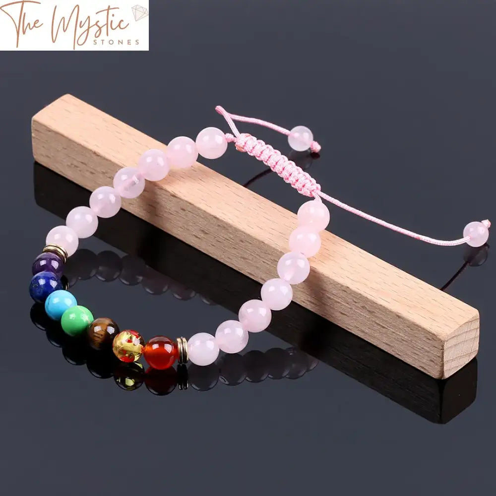 Pink Quartz Reiki Meditation Bracelet With 7 Chakra Stones