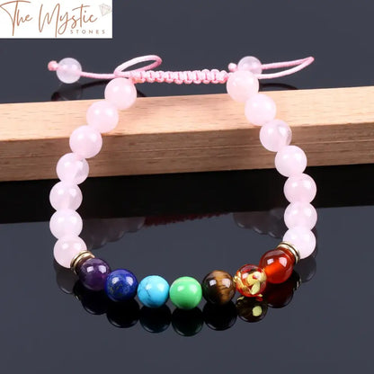 Pink Quartz Reiki Meditation Bracelet With 7 Chakra Stones