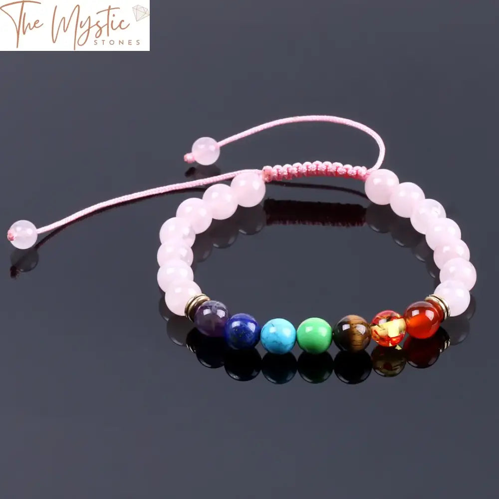 Pink Quartz Reiki Meditation Bracelet With 7 Chakra Stones