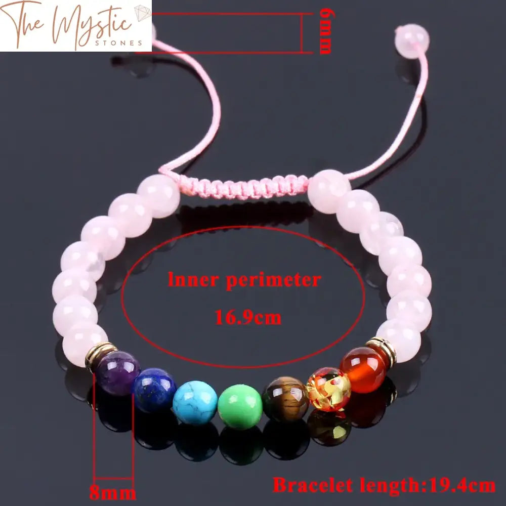 Pink Quartz Reiki Meditation Bracelet With 7 Chakra Stones