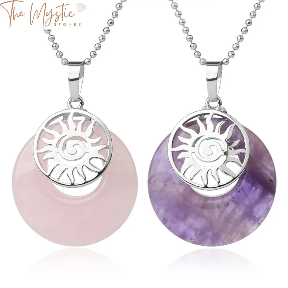 A collection of pendant necklaces featuring round natural stone charms with a hollow design.