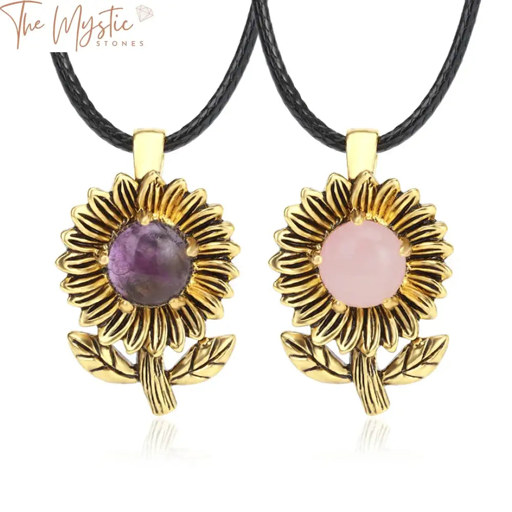 A Healing Sunflower Necklace featuring 10mm natural pink quartz beads, complemented by a gold-colored sunflower pendant.