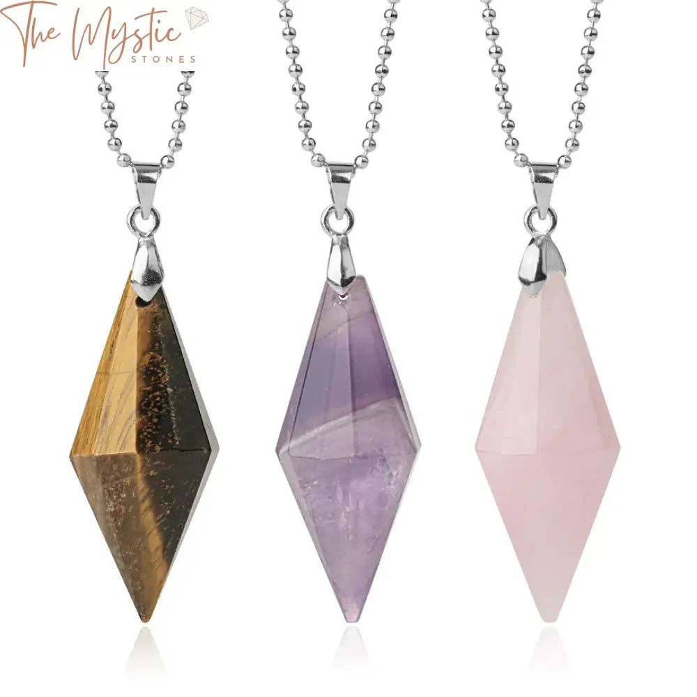 A symmetrical arrangement of cone-shaped natural stone pendants displayed on necklaces.