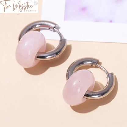 Pink Quartz & Tiger Eye Stone Hoop Earrings