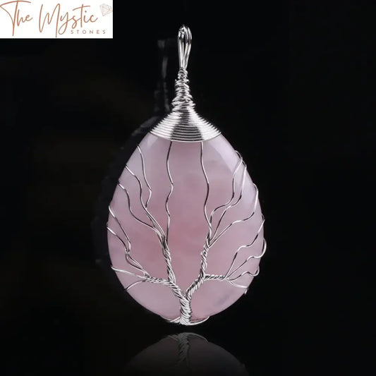 A pink quartz necklace featuring a water drop-shaped pendant.