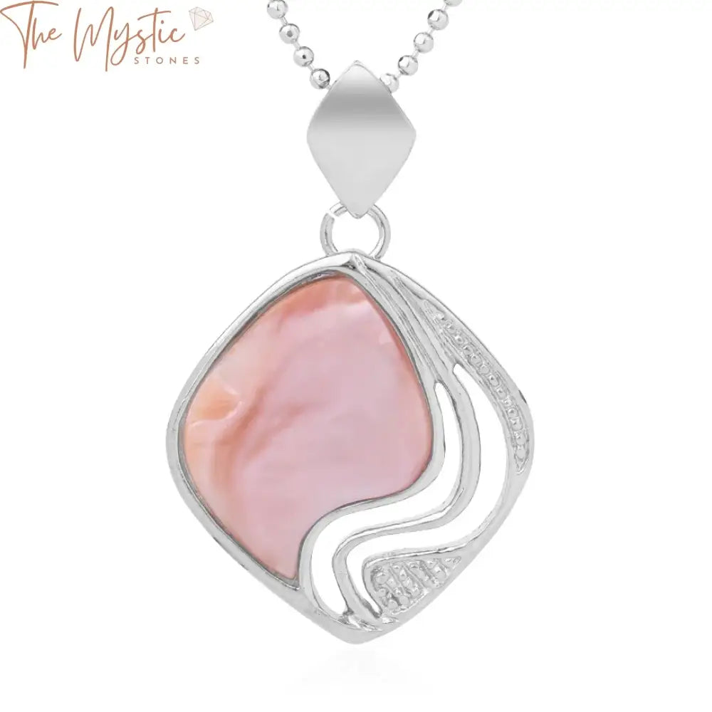 A close-up image of a romantic-style necklace featuring a pendant made from natural pink shell.