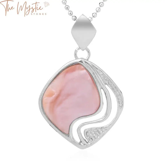 A close-up image of a romantic-style necklace featuring a pendant made from natural pink shell.