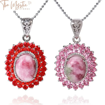 A collection of pink crystal pendant necklaces featuring cabochon beads made of natural stone with a zircon CZ accent.