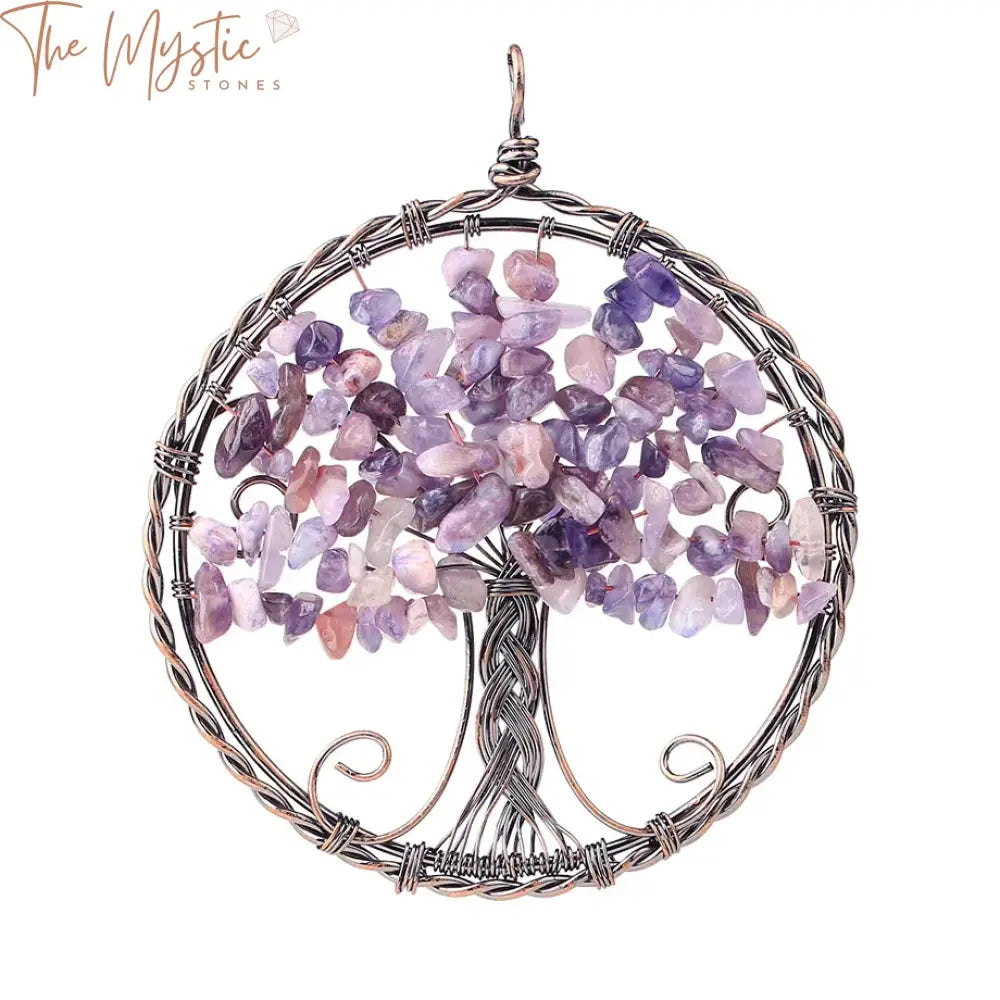 A circular pendant featuring a Tree of Life design crafted from copper-colored wire wrap.