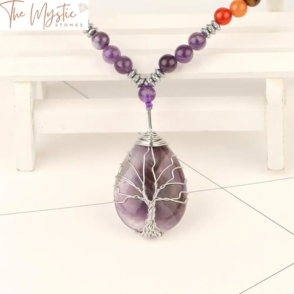 Purple Crystal Tree Of Life Pendant Necklace