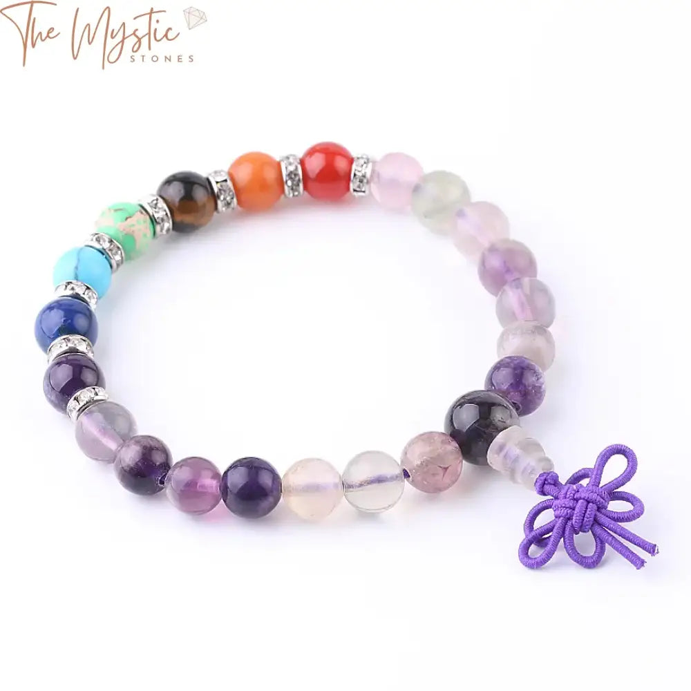 A natural stone bracelet featuring smooth, round purple fluorite beads strung together.